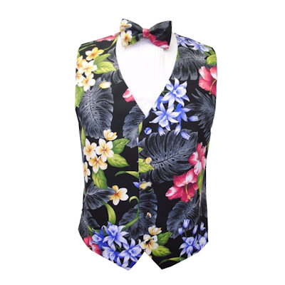 Hawaiian Tropical Floral Garden Vest and Bow Tie Set