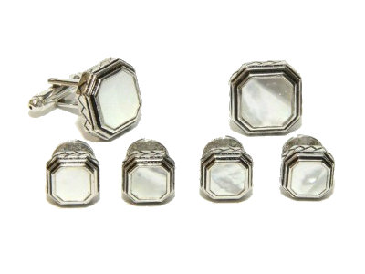 Antiqued Etched Octagon Mother of Pearl Studs and Cufflinks